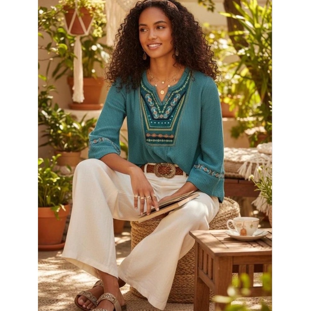 Soft Surroundings Gabriel Beaded Embroidered Women's Thermal Top XS Green